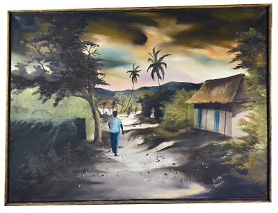 30" Oil Painting Canvas Vilaire Poisson Haiti Artist Sunset Village Art Decor - Image 1 of 4