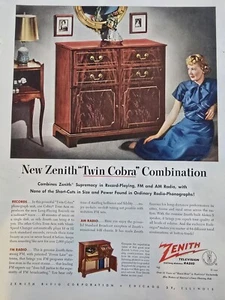 Radio fonógrafo Zenith Twin Cobra 1949 combinación anuncio a color vintage - Imagen 1 de 1