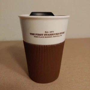 2012 STARBUCKS Travel Tumbler First Pike Place Bone China Brown Grip Mug Ceramic - Picture 1 of 8