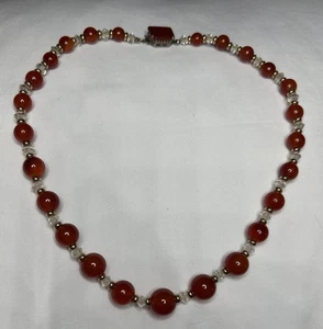 Vintage Carnelian Beaded Necklace ~ Crystal Goldtone Beads ~ Sterling Clasp 14" - Picture 1 of 9