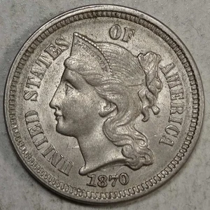 1870 Nickel Three Cents, Choice Almost Uncirculated 0828-03 - Picture 1 of 3