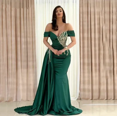 Emerald Green Mermaid Wedding Dresses Mermaid Gold Applique Off The Shoulder - Image 1 of 4