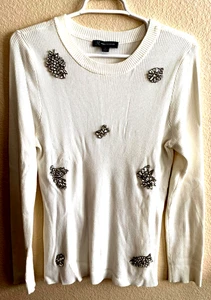 I.N.C. White Ribbed Sweater with Rhinestone Broaches size L - Picture 1 of 3