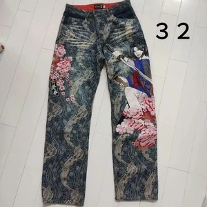 Karakuri tamashii Battou Musume japan Denim Jeans Pants Samurai Print Size 32 - Picture 1 of 6