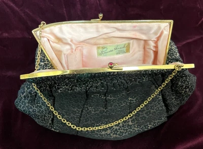 VTG Frances Hirsch Black & Gold Brocade Clutch Purse-lipstick and change pockets - Image 1 of 4