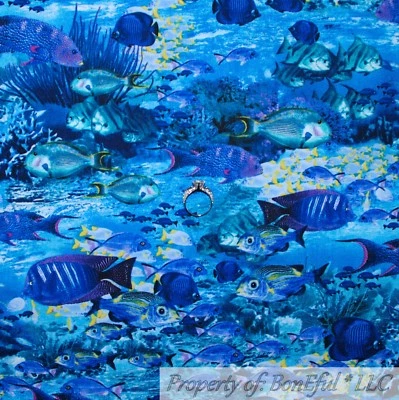 BonEful FABRIC FQ Cotton Quilt Aqua Blue Water Sea Horse Fish Scenic Coral Reef - Image 1 of 4