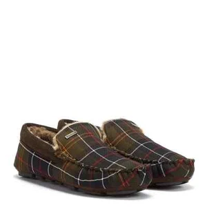 Barbour Mens Monty Moccasin Slippers CLASSIC TARTAN GREEN Suede - Picture 1 of 10