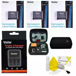 Battery for GoPro HD Hero4 BLACK X3 AHDBT 401+ TRIPLE FAST CHARGER + HARD CASE - Picture 1 of 6