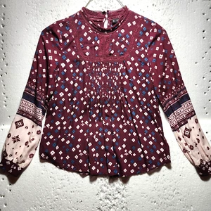 Lucky Brand Top Womens Small Burgundy Floral Embroidered Collar Long Sleeve - Picture 1 of 15