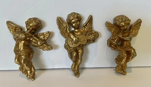 3 Vintage Messing Engel Cherubs Wandbehang 5,5" Musikinstrumente - Bild 1 von 5