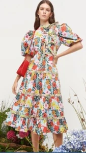 Celia B $340 Ingrid Dress Floral Puff Sleeve Bow Tie Front Midi Sz Large NWT - Picture 1 of 12