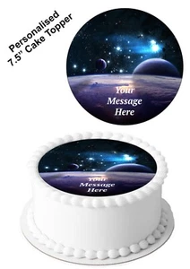 PERSONALISIERTER Tortenaufleger Außenraum Planeten essbar Glasur 7-8" Kreis Dekoration - Bild 1 von 10