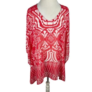 Chicos Red Poncho Semi Sheer Floral Boho Print Topper Cover Up Beachy Size L/XL - Picture 1 of 9