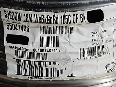 Southwire 18/4C Seoprene SJEOOW 300V 105C Portable Power Cable Cord Black /25ft - Image 1 of 4