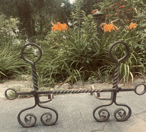 ANTIQUE 1800s WROUGHT IRON ANDIRONS 3PC FIRE DOGS FIREPLACE SET w LOG BUMPER ROD Cover
