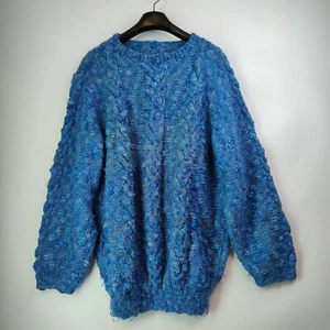 Handmade Knitted Crewneck Sweater Women M/L Wool Blue & White Thick Material - Picture 1 of 14