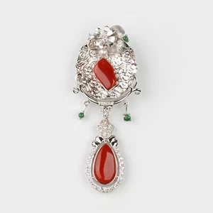 Broche coral Aka japonés rojo natural vintage 2,83" - joyería de plata de ley - Imagen 1 de 6