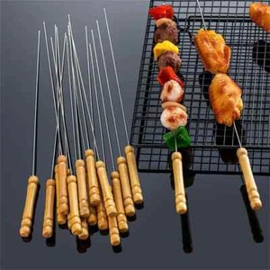 10PCS PACK Large Stainless Steel BBQ Skewers Wood Handle Flat Kebab Grill Forks - Picture 1 of 11