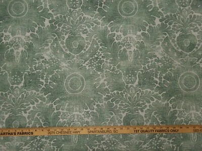 Waverly DAMASK SARONG EVERGREEN Green Beige Abstract Floral Drapery Uph Fabric - Image 1 of 4