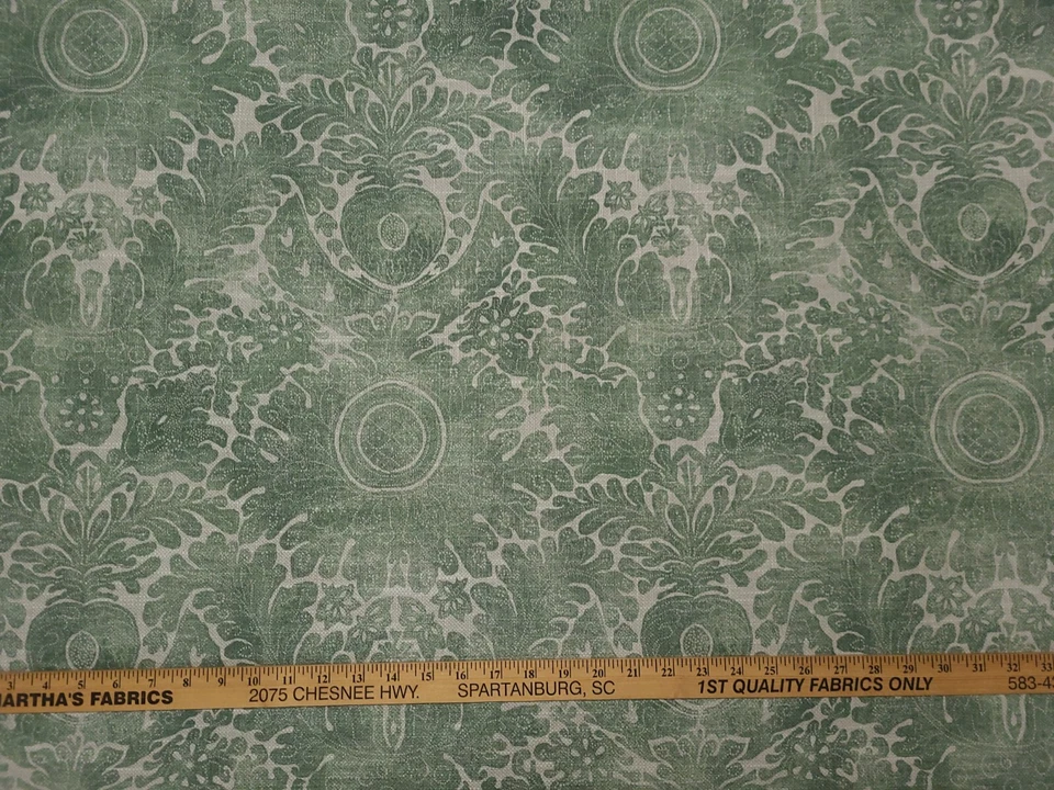 Waverly DAMASK SARONG EVERGREEN Green Beige Abstract Floral Drapery Uph Fabric - Image 1 of 4