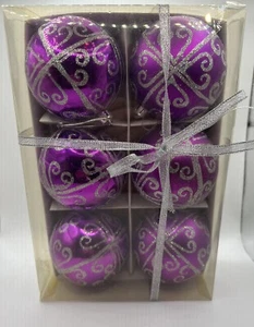 2" Glas Lila Silber Glitzer Weihnachtsschmuck 6er Set - Bild 1 von 3