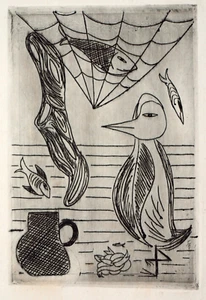 Lester Epstein (1919-1963) Grabado abstracto de peces, gaviotas, redes, maceta - Imagen 1 de 4