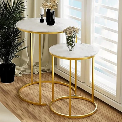 FATIVO Tavolino da salotto marmo oro bianco set 2 pezzi rotondo set tavolino comodino 40 cm