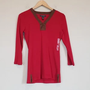 Lauren Ralph Lauren rotes Oberteil mit V-Ausschnitt und braunem Wildlederimitatbesatz Damen X Small - Bild 1 von 5