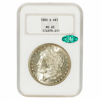 Dólar de plata Morgan de la década de 1880 $1 NGC MS 65 CAC Foto 1 de 3