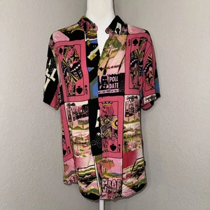 Guess Shirt Men’s Large Pink Casino Card Print Short Sleeve Button Up - Picture 1 of 10