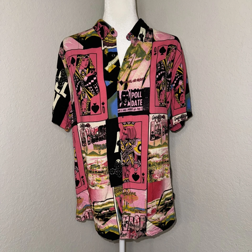 Guess Shirt Men’s Large Pink Casino Card Print Short Sleeve Button Up - Image 1 of 4