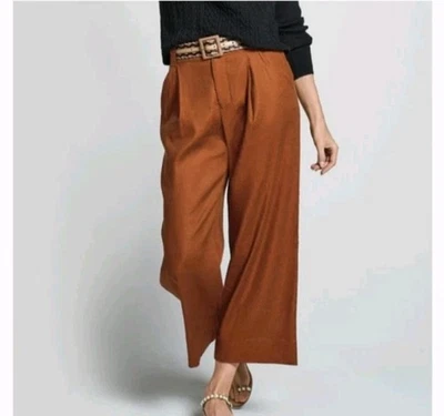 Cabi Cruise Linen-Blend Crop Pants Size M Siena Brown Wide Leg Trouser Pleated  - Image 1 of 4