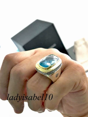 Anillo Grande Ancho Topacio Azul Plata Oro 18 David Yurman Talla 10 Pesado 25,5 gr Auténtico Foto 1 de 4