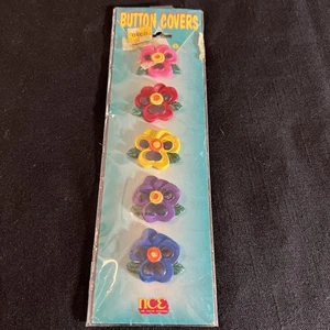 VTG NOS 1994 Flower Button Covers, Bright Multicolor 5 pcs NCE Sealed - Picture 1 of 4