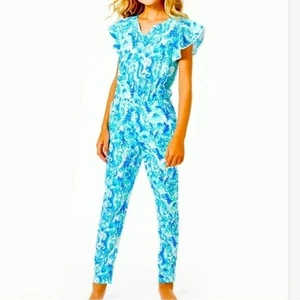 Lilly Pulitzer Girls Astara jumpsuit Printed Pom Pom Lace Cotton M 6-7 281028 - Picture 1 of 6
