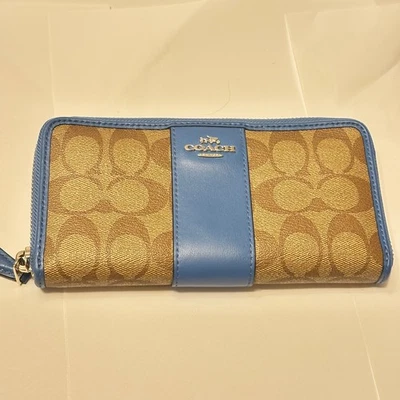 Coach Signature Canvas Zip Around Wallet With Blue Leather Accents - Image 1 of 4
