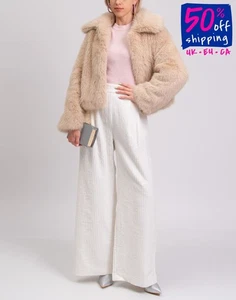 TOPSHOP Faux Fur Short Coat UK14 US10 IT46 XL Lined Beige Hook & Eye Collared - Picture 1 of 8