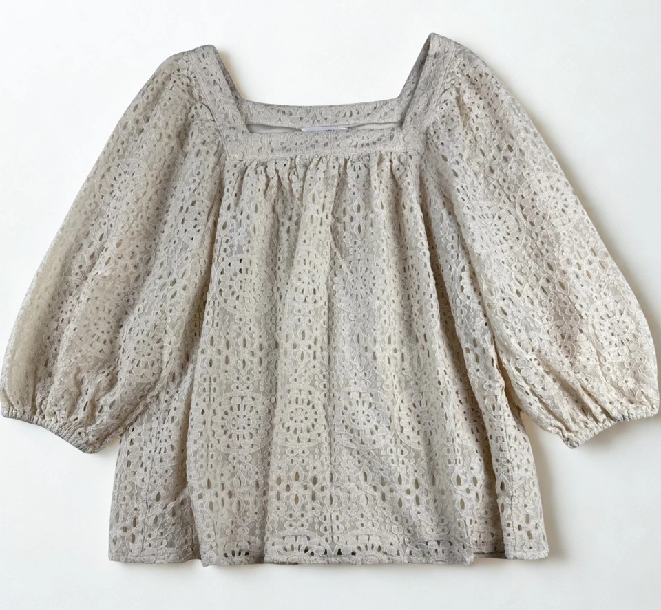 Blusa Top LC Lauren Conrad Crema Ojales Encaje L Boho Cottagecore Romántico Elegante Foto 1 de 4