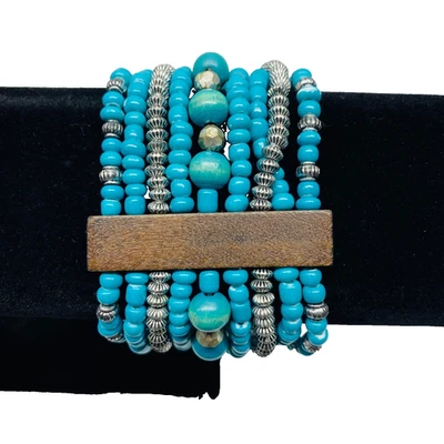 Pulsera Boho Turquesa Semilla Cuentas Elástica Acento Madera Multi-Hebra Foto 1 de 4
