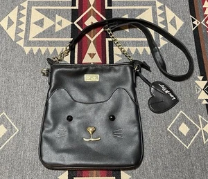 Betsey Johnson Cat Kitty Handbag Tote Bag Black Zip Top T33 - Picture 1 of 9
