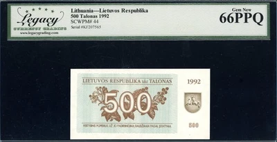 Lithuania 500 Talonas 1992 PMG 66 EPQ UNC Pick # 44 - Image 1 of 2