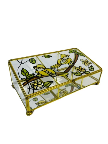 VTG MCM Boho Mirrored Brass Floral Glass Sparrow Birds Jewelry Casket Curio Box Cover