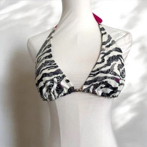 Y2K Zebra Print Halter Bikini Top L animal 90s glam - Picture 1 of 6