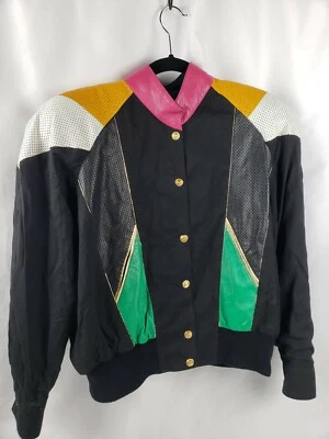 Chaqueta De Colección Años 80 90 Deja Vu Designs Cuero Bloques de Color y Sarga de Algodón Wmn Med Foto 1 de 4