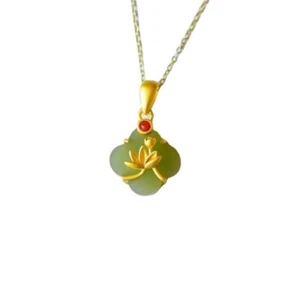 Collar Colgante de Loto de Jade Verde Joyería Natural Calcedonia Plata 925 - Imagen 1 de 5