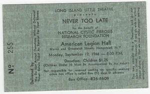 Rare vintage 1966 Long Island Little Theatre NEVER TOO LATE Ticket - Picture 1 of 2