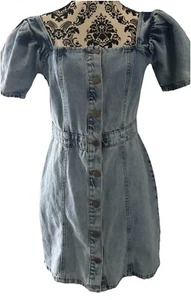 Pretty Little Thing Denim Puff Sleeve Dress . New With Tags . Size 10 - Picture 1 of 7