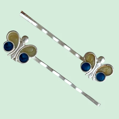 Alfileres Bobby Mariposa Pintados Azul y Dorado Años 80 De Colección - Hechos en Reino Unido Foto 1 de 4