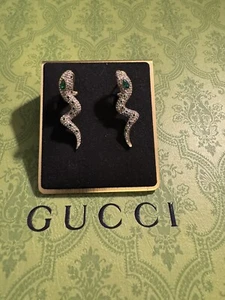 Auth Gucci Snake Green Clear Crystal Earrings Antique Gold Tone NICE PRE OWNED - Picture 1 of 4