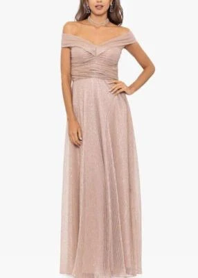 Vestido metálico BETSY & ADAM 16 Champagne con hombros descubiertos nuevo con etiquetas $279 Foto 1 de 3